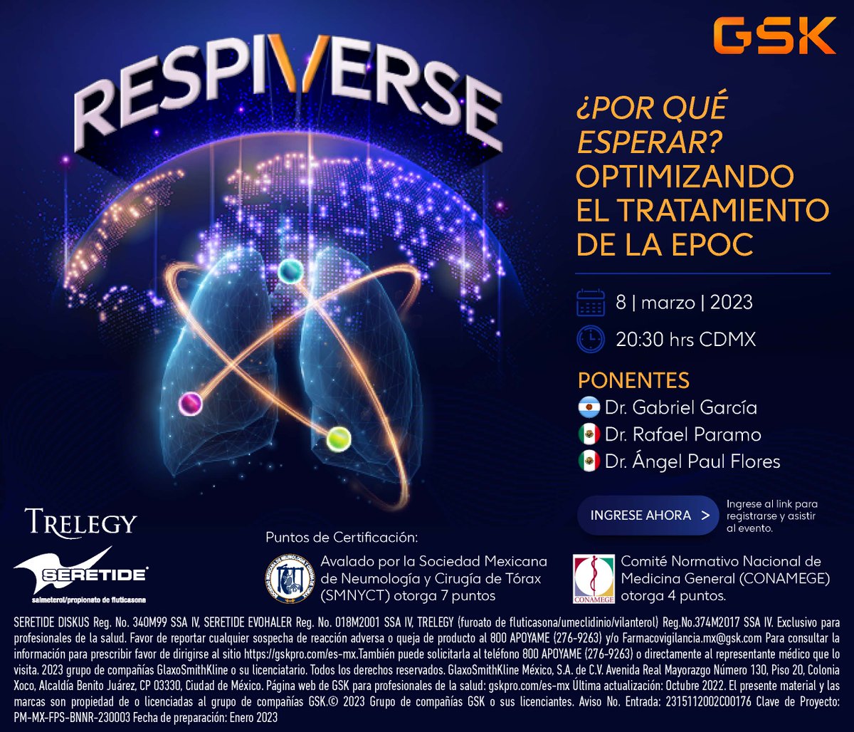 SMNYCT's tweet photo. La SMNyCT y GSK, le hacen invitan a su Webinar RESPIVERSE ¿Por qué esperar? Optimizando el tratamiento de la EPOC.
8 de marzo 2023, 20:30 hrs.
Registro: https://t.co/YJq6zlnxcO
#SMNyCT #GSK #DejandoHuellaEnLaSaludDeLosPacientes #Trelegy #Seretide #saludrespiratoria https://t.co/vzSjK426Dh