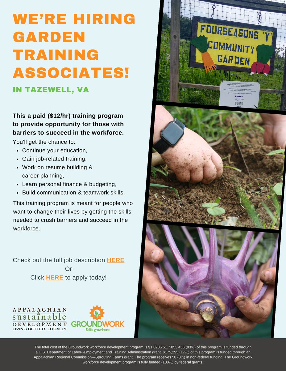 ASD’s paid workforce development program is hiring in  our Tazewell, Virginia Garden! Apply: docs.google.com/.../1FAIpQLSfG…!  Only a few spots left! #career #SkillsGrowHere #Change