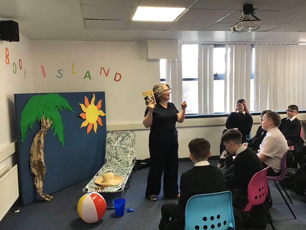 ghslibrary2014's tweet photo. To celebrate World Book Day several special guests visited our Book Island to speak about a book they would love to have with them if they were washed up on a desert island @GHSfalkirk https://t.co/wp5BtIkJdi