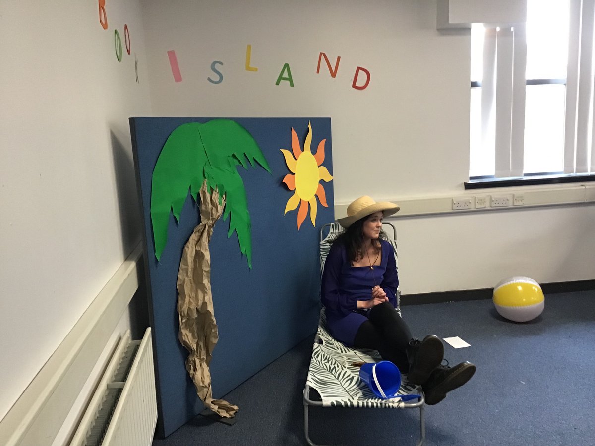 ghslibrary2014's tweet photo. To celebrate World Book Day several special guests visited our Book Island to speak about a book they would love to have with them if they were washed up on a desert island @GHSfalkirk https://t.co/wp5BtIkJdi