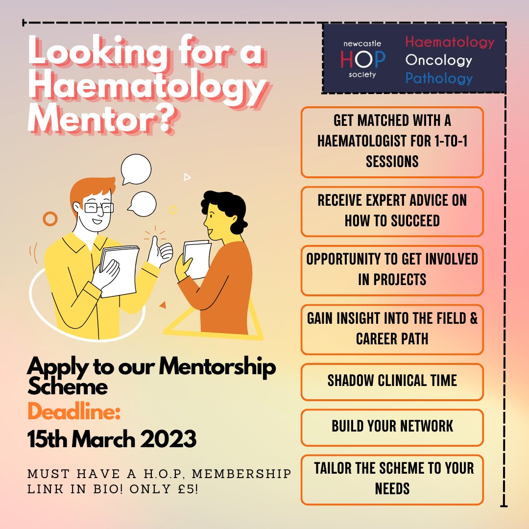 🚨🚨🚨 APPLICATIONS FOR OUR MENTORSHIP SCHEME ARE NOW OPEN🚨🚨🚨

If you're interested in or even just slightly curious about Haemotology, Oncology or Pathology then we have the mentorship programme for you!!! 📢

Fill out the form linked in our Linktree: linktr.ee/NCLHOP