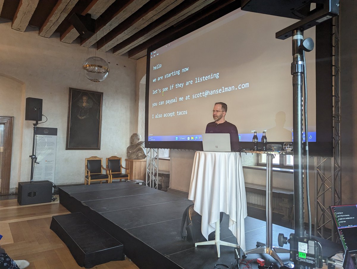 <a href="/shanselman/">Scott Hanselman 🌮</a> back on stage, amazing as always, wrapping up #dotnetcastleconf