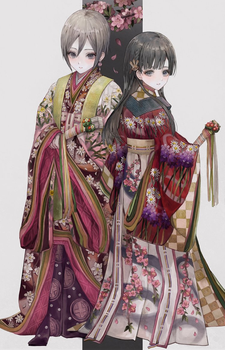 kobayakawa sae ,shiomi syuko multiple girls 2girls japanese clothes kimono short hair long hair hair ornament  illustration images