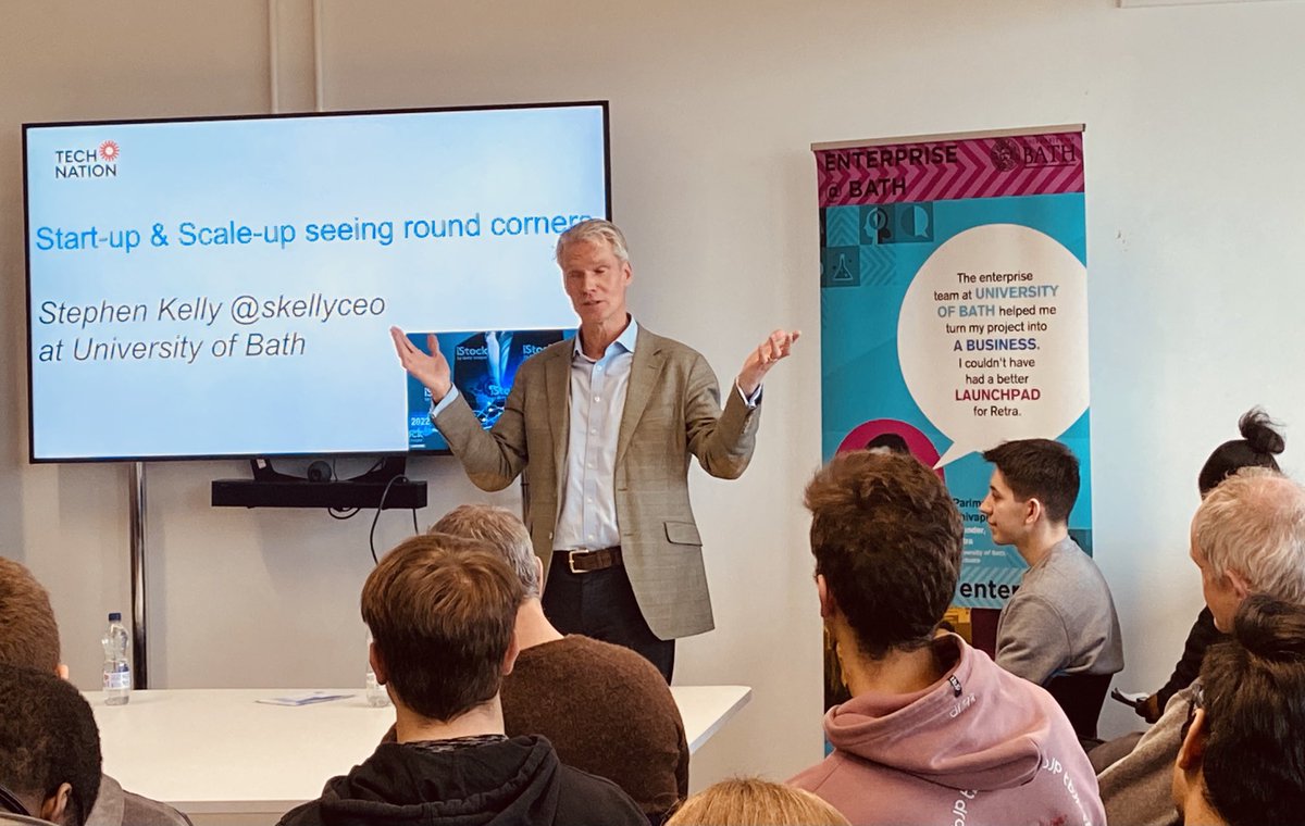 SKellyCEO's tweet photo. Brilliant engagement with young entrepreneurs at @universityofbath sharing the playbooks of growth from start-up to scale-up & the bear pits to avoid @enterprisebath #enterpriselab #studententerprise #innovationawards #entrepreneurship #Growth https://t.co/nhuMy2QOis
