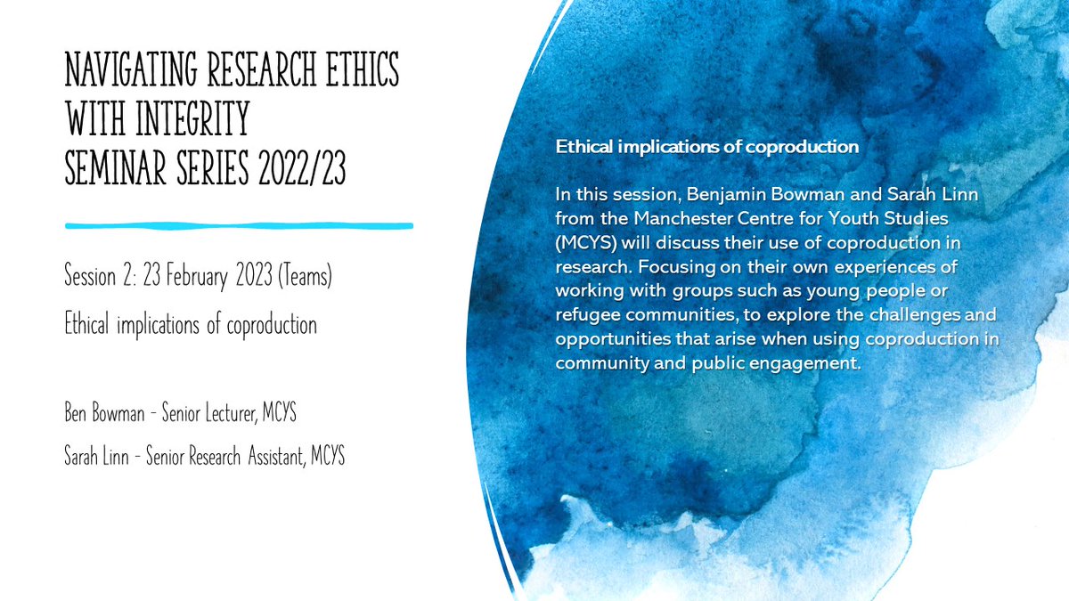ESRI (@esri_mmu) on Twitter photo The postponed second (but actually third) webinar in the Navigating Research Ethics with Integrity Series starts in less than an hour. We are pleased to have <a href="/bennosaurus/">Ben Bowman is gone to blue sky</a> and Sarah Linn from <a href="/mcys_mmu/">MCYS</a> join us to explore the ethics of #coproduction. The postponed second (but actually third) webinar in the Navigating Research Ethics with Integrity Series starts in less than an hour. We are pleased to have <a href="/bennosaurus/">Ben Bowman is gone to blue sky</a> and Sarah Linn from <a href="/mcys_mmu/">MCYS</a> join us to explore the ethics of #coproduction.