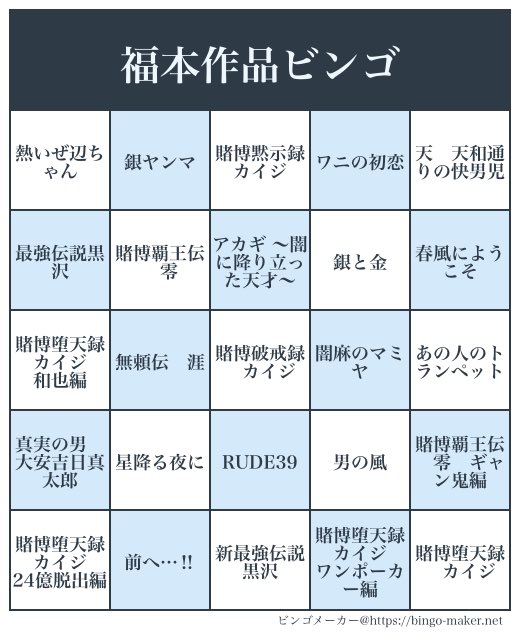 福本作品ビンゴです。
読んだことのある作品に穴をあけましょう。
ビンゴ達成で立派な福本信者です。
トリプルビンゴ以上は変態です。
宜しくご査収ください。