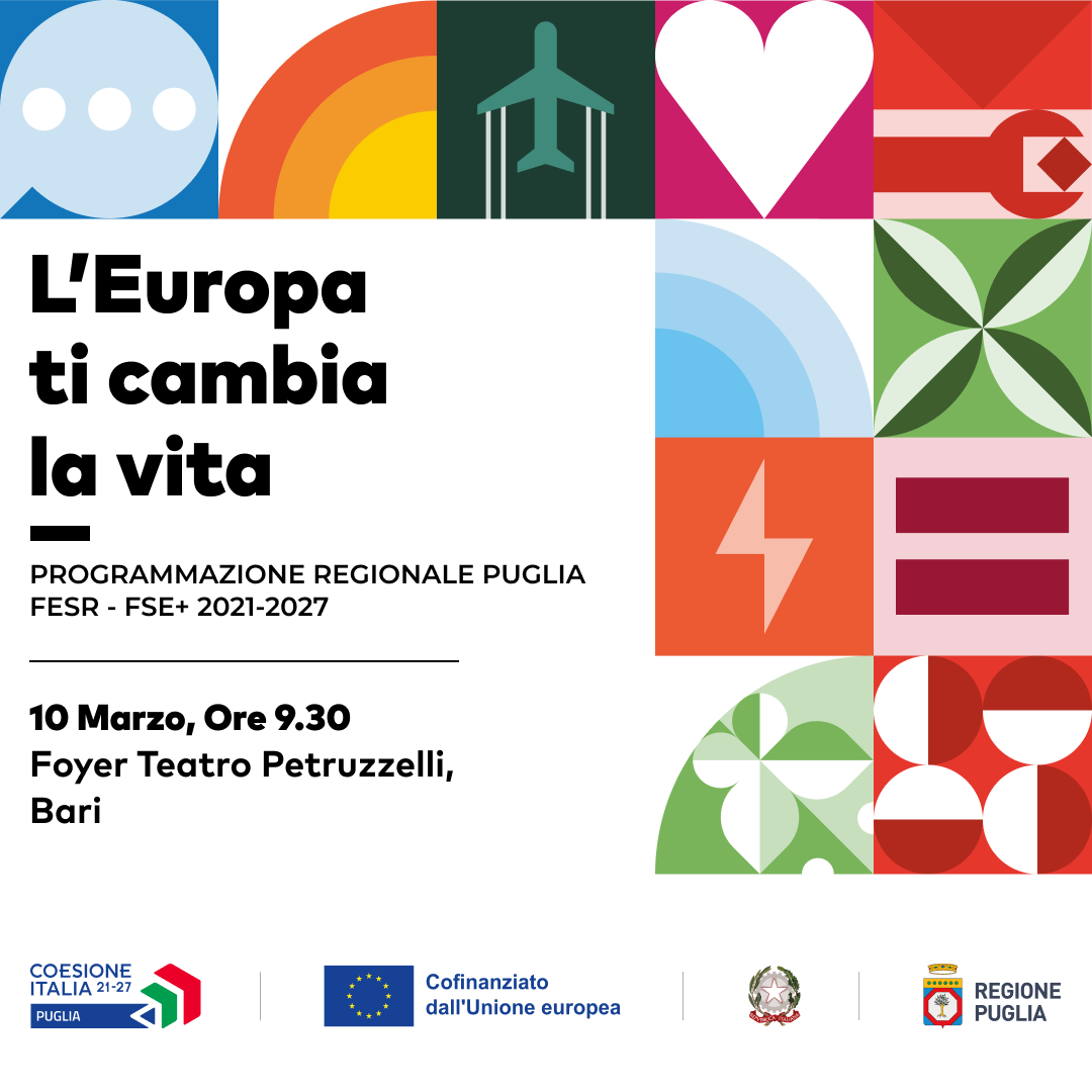 RegionePuglia's tweet photo. 🇪🇺L'Europa ti cambia la vita. 
ℹ Vieni a scoprire come la #Puglia impiegherà i fondi della nuova Programmazione: 5,5 miliardi di euro per imprese, innovazione, inclusione, pari opportunità,  accessibilità, transizione ecologica, lavoro.
➡https://t.co/AUuRD9b7t4
@micheleemiliano https://t.co/I7U8FXbfPH