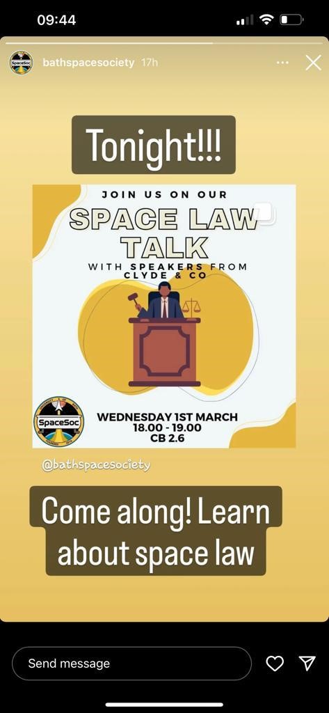 AviationClydeCo's tweet photo. Space Law came to the University of Bath's Space Society last night courtesy of our Leiden and McGill Alumni Carol, Darcy, Gabriella and Ines 🚀🚀🚀

@Leiden_IIASL @UniofBath 
https://t.co/IzjkPTpppN https://t.co/pIgd4UN0o7