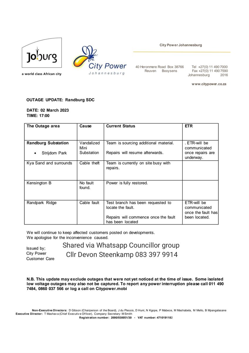 THEDEVCHEV's tweet image. ⚡ #RandparkRidge #Block16 
2 March 2023, 17h12 - Cllr Devon Steenkamp 

City Power is waiting for test branch team looking for the fault affecting parts of Randpark Ridge some streets are Randpark Drive, Kersboom, Katdoring that been off since around 11h15am

No ETR as yet