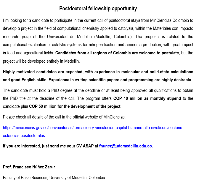 Oportunidad de estancia postdoctoral en <a href="/UdeMedellin_/">Universidad de Medellín</a> con el grupo de Materiales con Impacto <a href="/ConMpac/">Materiales con impacto - Mat&mpac 🇨🇴</a> bajo convocatoria 934 de <a href="/MincienciasCo/">MinCiencias Colombia</a>. 

Por favor RT...

<a href="/Inv_UdeMedellin/">Vicerrectoría de Invest. y Creación UdeMedellín</a> <a href="/acnavascalixto/">Andrea Navas Calixto</a>