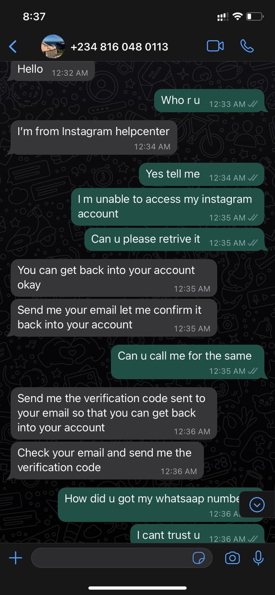 Ashwiniyeole4's tweet photo. Some scam is going on Instagram platform. We get message and they ask us info and then they try to hack our insta account.
It is very scary to use instagram if we get such things on dms.
Also i got a msg on whatsapp that i m and instagram helper.  
@instagram @facebook @Meta https://t.co/uk2cXge6T6