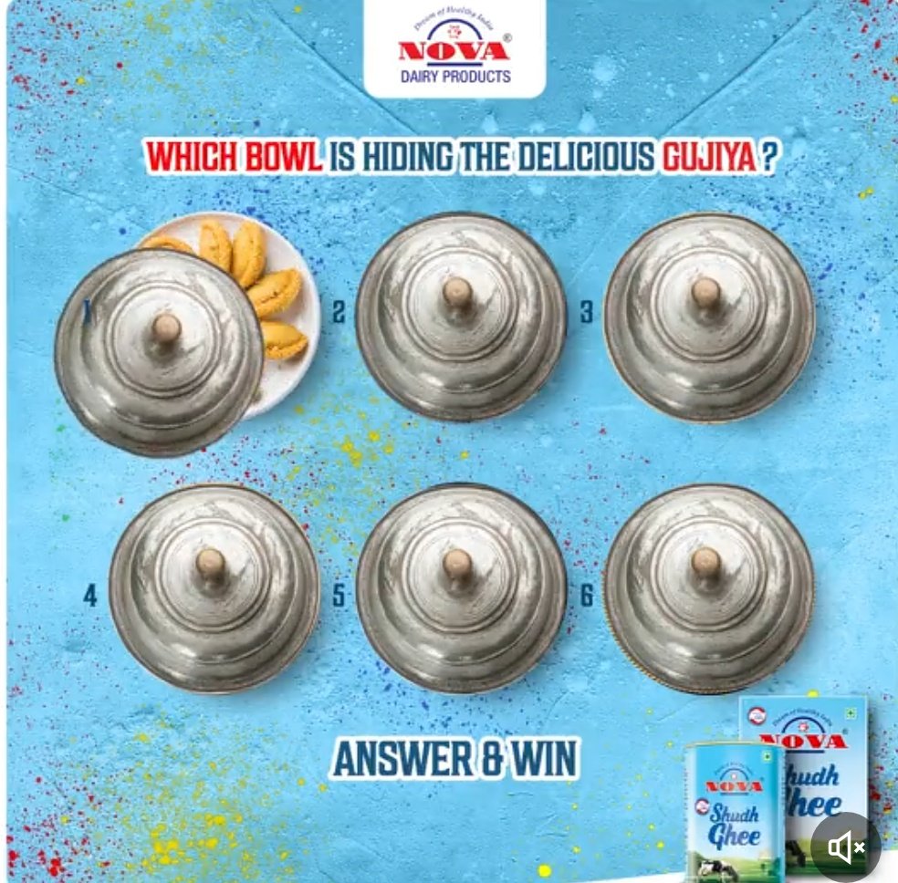 @novadairy Answer - (Bowl 1) Gujiya is hidden in Bowl 1. 
@novadairy 

Tag friends - @HarshalR23
@Rajendra9850
@KishorPatil92

#contestalert #giveaway #ghee #novaghee #holi #holiweek #gujiya #sweets #dairy #dairybrand #celebrations