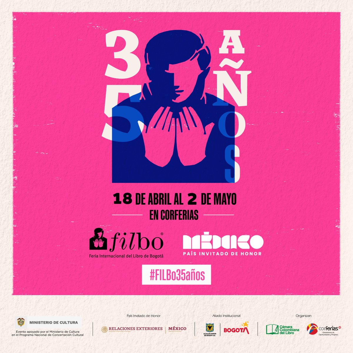 FILBogota's tweet photo. Los colores se mezclan con las texturas para revivir, una vez más, al protagonista de la imagen de la feria: la icónica silueta de una persona que eleva sus manos como si leyera un libro. 

¡Vive la #FILBo35años del 18 de abril al 02 de mayo! 

➡️ https://t.co/FTTAsyU380 https://t.co/DgMpkXUsdl