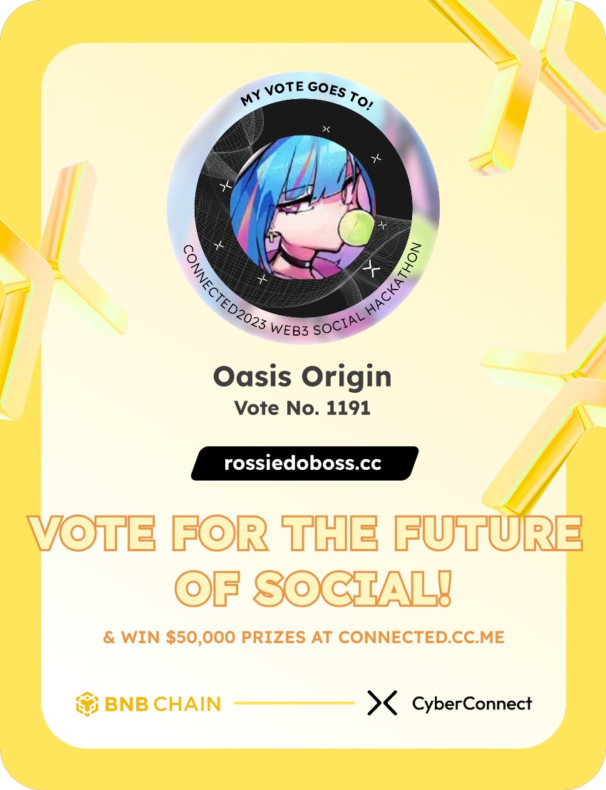DrewAusten1's tweet photo. Just voted for my favorite project Oasis Origin in #Connected2023, a Web3 Social hackathon by @CyberConnectHQ the social graph protocol &amp; @BNBCHAIN
Join me to vote for a better social and win $50,000-$100,000 prizes!
https://t.co/7RPx6IaIp5
sig:olJKRC 
  https://t.co/5pYvCzM2Xj https://t.co/oAdvaGt37M