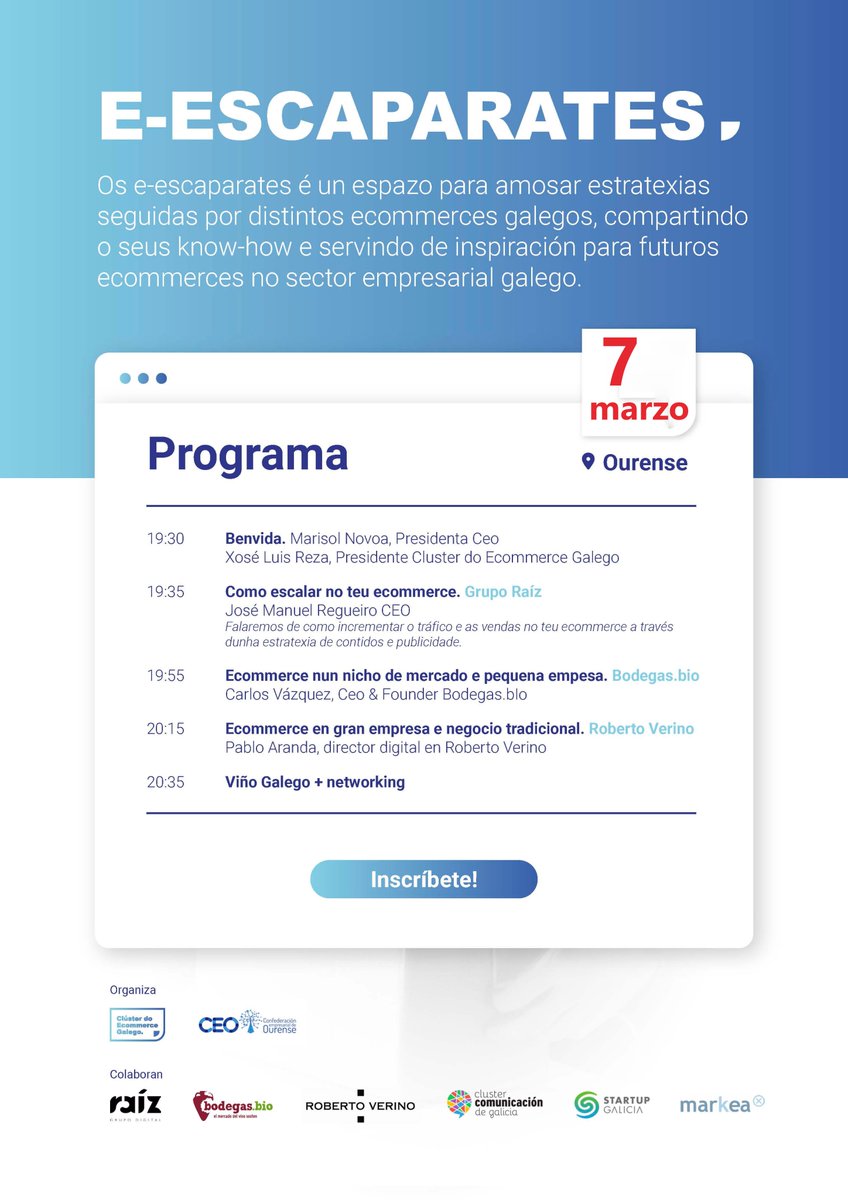 🛒 Isto vai de #ecommerce!
👉 O martes 7, o Cluster do Ecommerce galego e a <a href="/CEO_Ourense/">C.E.O.</a> organizan a xornada "E-ESCAPARATES" na que participará un dos nosos socios, JM Regueiro, de <a href="/RaizAgencias/">Raíz Digital</a>.
ℹ️ Se queres asistir, xa podes inscribirte 🔗 lnkd.in/ebCmghPc