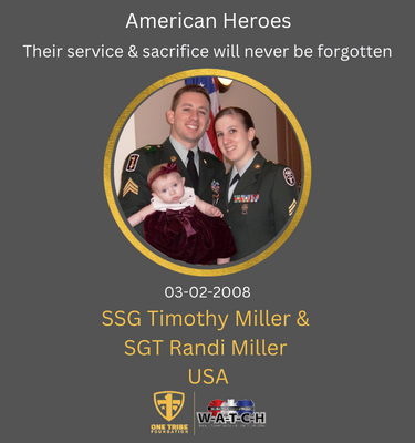 On March 2, 2008, America lost two heroes:

SSG Timothy Miller and SGT Randi Miller, USA

Speak their names to keep the memory of their life of service alive. Remember their faces and never forget their daughter and family who are living each day without their heroes.
#OneTr1be