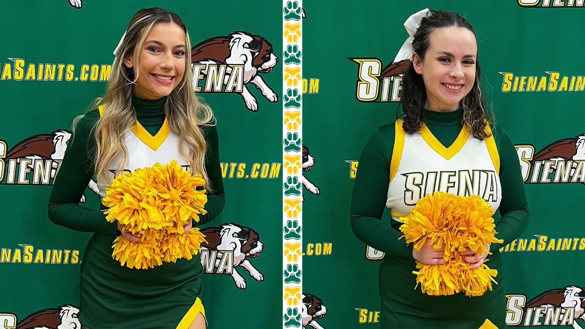 SienaCheer's tweet photo. Happy Senior Night to Erin, Ashley, Kayla, Julia, Gabby, and Kayla 💚💛 Come out and celebrate them and cheer on @SienaMBB tonight at The MVP Arena! Tip-off is at 7pm vs. Manhattan 🏀 #letsgosaints https://t.co/YkhsjU08YY