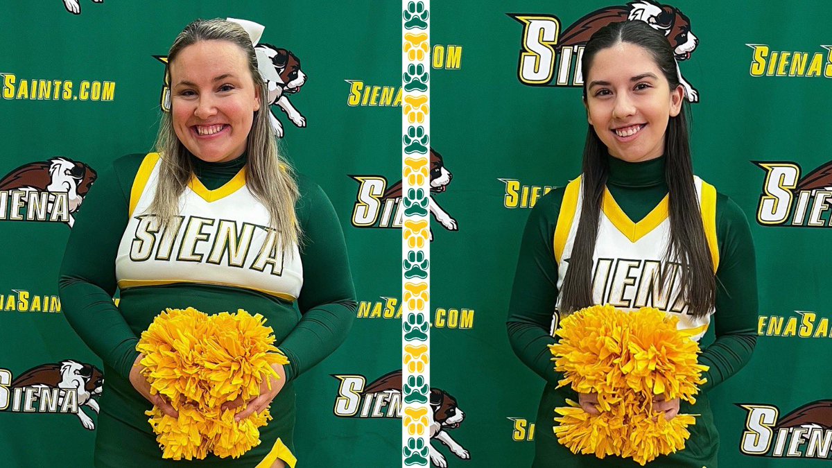 SienaCheer's tweet photo. Happy Senior Night to Erin, Ashley, Kayla, Julia, Gabby, and Kayla 💚💛 Come out and celebrate them and cheer on @SienaMBB tonight at The MVP Arena! Tip-off is at 7pm vs. Manhattan 🏀 #letsgosaints https://t.co/YkhsjU08YY