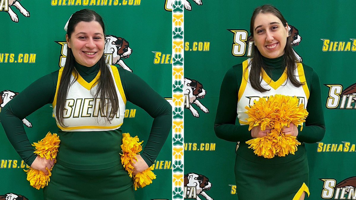 SienaCheer's tweet photo. Happy Senior Night to Erin, Ashley, Kayla, Julia, Gabby, and Kayla 💚💛 Come out and celebrate them and cheer on @SienaMBB tonight at The MVP Arena! Tip-off is at 7pm vs. Manhattan 🏀 #letsgosaints https://t.co/YkhsjU08YY
