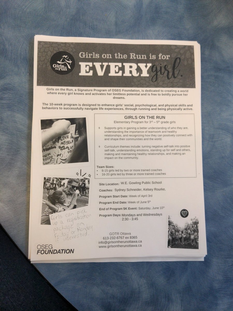 We are starting a new round of #GirlsOnTheRun for grades 3-5 girls @WEGowling! Interested students can pick up a registration packet!