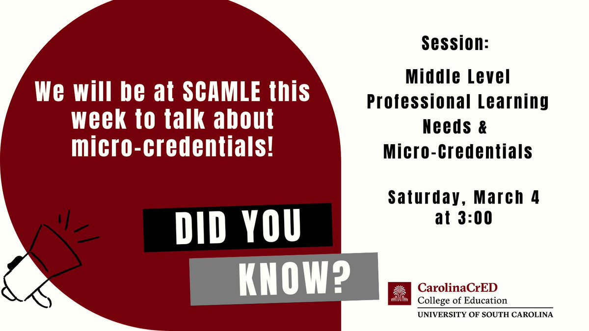 Come join us! #SCAMLE23 
<a href="/The_SCAMLE/">SC Association for Middle Level Education</a>
 #microcredentials #PartnerswithPurpose 
<a href="/UofSCEducation/">USC Education</a>