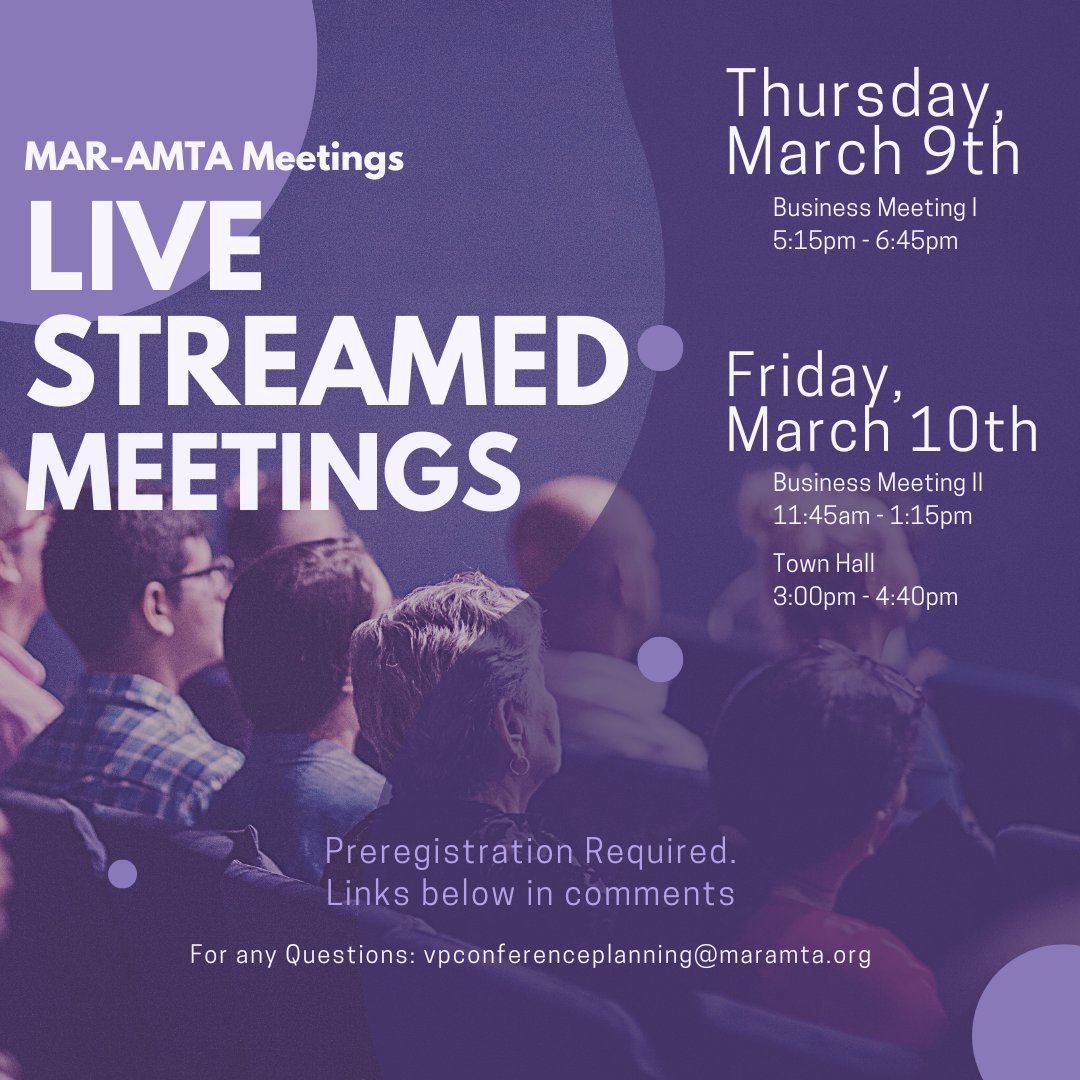 We have several meetings being livestreamed for the public to attended whether or not you are registered for the Conference happening next week! Visit our website to register for the Zoom links: mar-amta.org/conference
