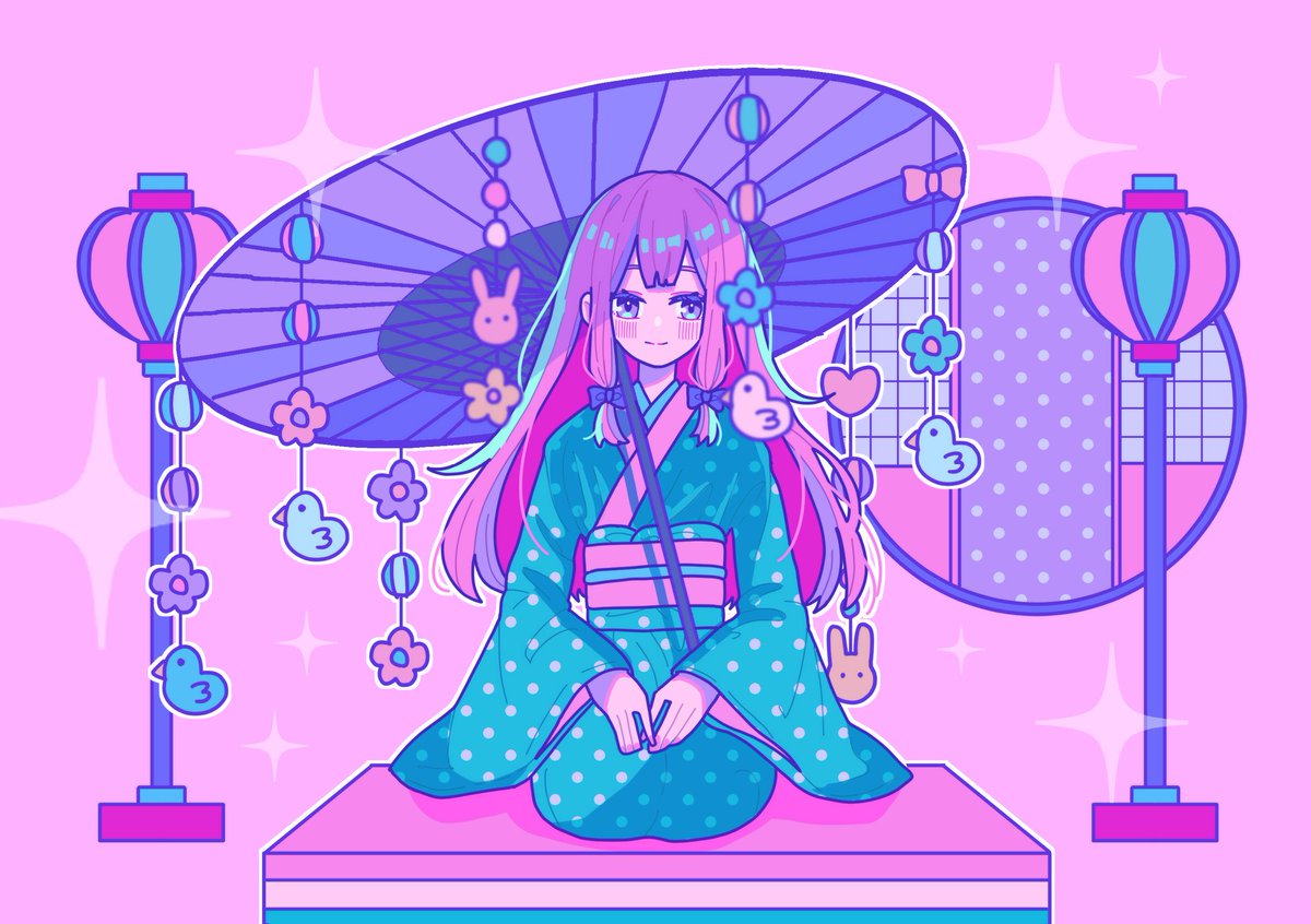 1girl japanese clothes pink hair solo kimono long hair seiza  illustration images