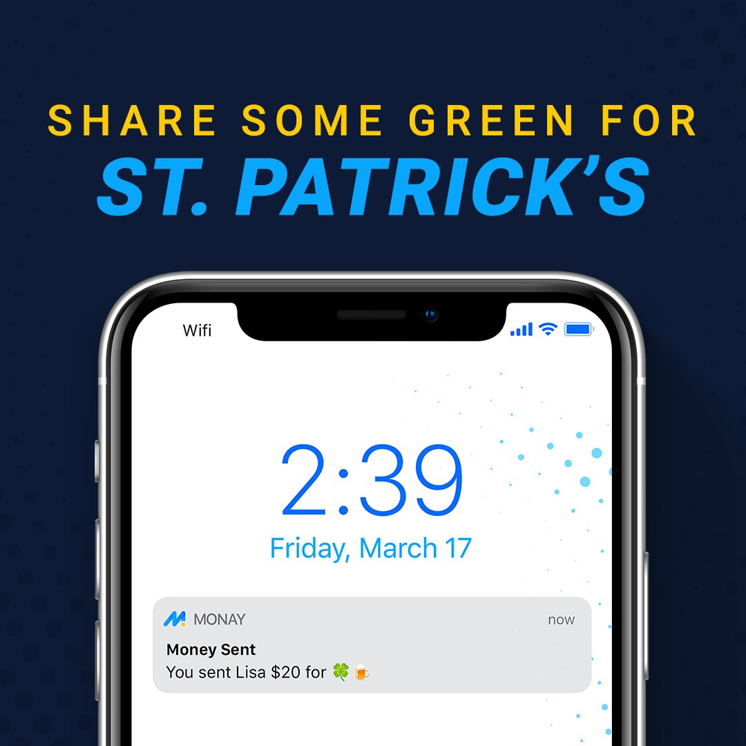 MonayWalletGPS's tweet photo. Anybody else gearing up for St. Patrick’s Day already? 😏🍀

Sign up for Monay’s Digital Wallet app before the festivities begin so you can easily send and receive instant funds! ➡ https://t.co/RHTnTQneMT 

#Monay #Tilli #StPatricksDay https://t.co/d5dun2KRnL