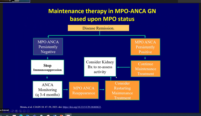 KDAO2011's tweet photo. Dr. R Saxena discusses a recent study on ANCA monitoring and maintenance therapy in AAV. algorithm noted #UTSWnephrology #RheumGR https://t.co/rlbYbvwmAO