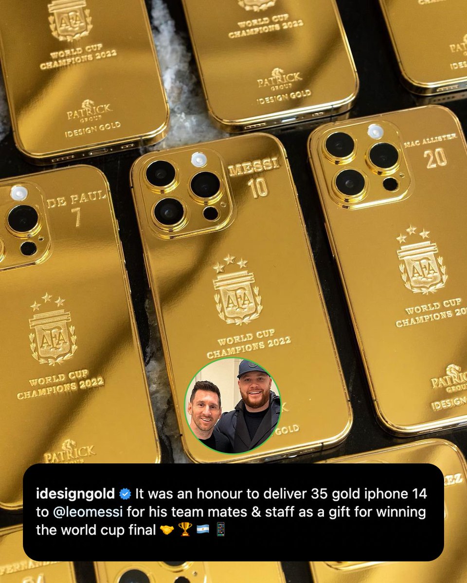 ESPNFC's tweet photo. Messi is gifting his teammates and staff members custom gold iPhones for their World Cup triumph 🇦🇷🏆✨

(via @idesigngold) https://t.co/21CjSd1vx0