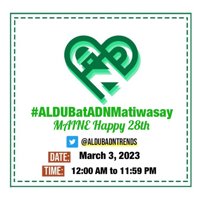 Maligayang kaarawan, <a href="/mainedcm/">Maine Mendoza</a>! Hangad namin ang iyong patuloy na tagumpay at magandang kalusugan.
-----
Sa buwan ng mga kababaihan at linggo ng pagbabawas ng armas - isang matiwasay na araw para sa ating lahat!

#ALDUBatADNMatiwasay
MAINE Happy 28th