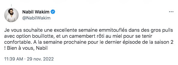 J'aimerais dire qu'il faut suivre <a href="/NabilWakim/">Nabil Wakim</a> parce que son podcast sur le climat est toujours fécond pour l'esprit (c'est vrai). Et parce qu'il a une newsletter. 

En réalité, je le suis avant tout pour ses talents d'influenceur « douceurs alimentaires et bonne humeur ».