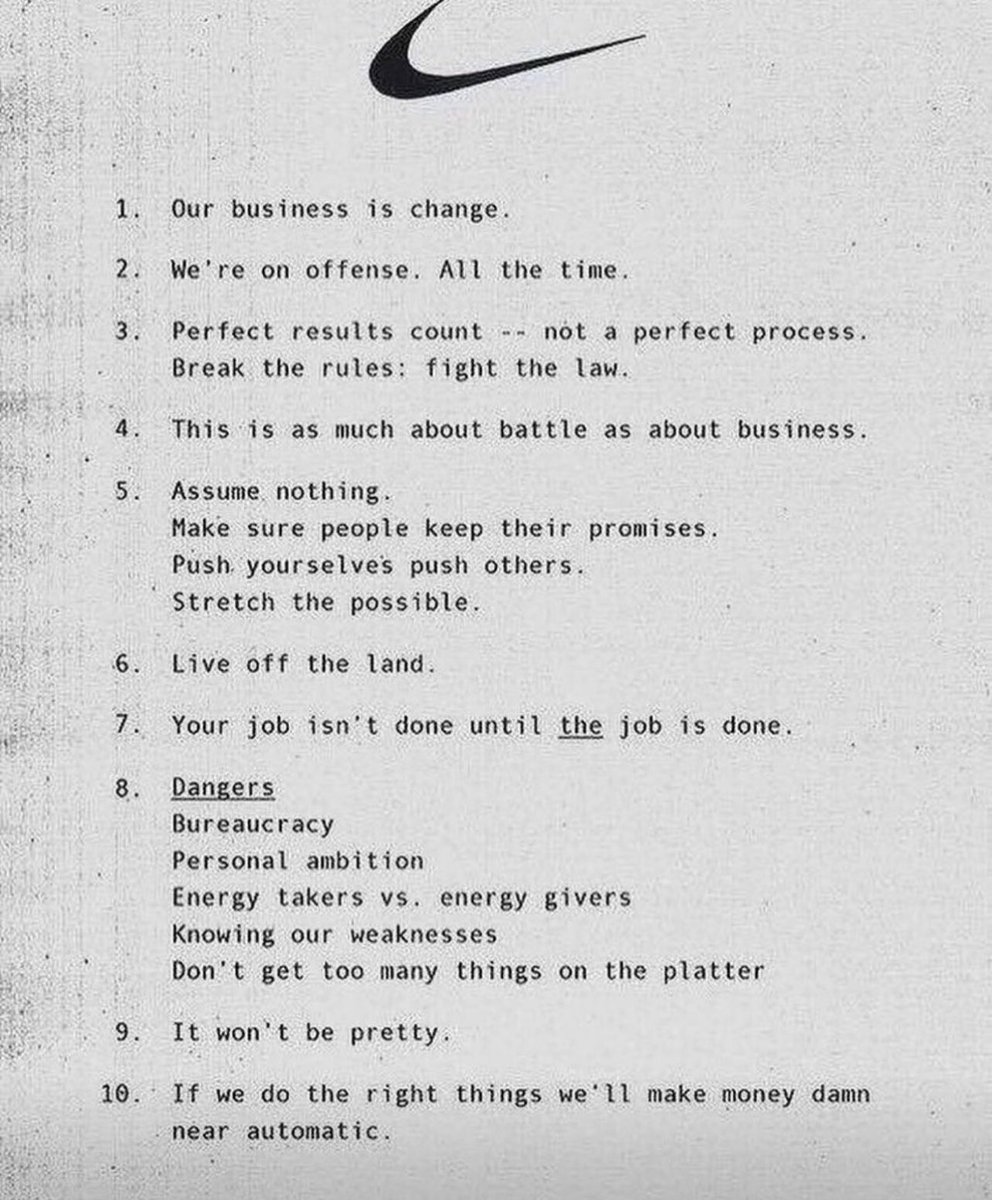 El manifiesto de Phil Knight de 1980 para Nike $NKE debería imprimirse y colgarse en cada oficina de una empresa.

Cada fundador de startup, empresario o CEO debería volver a leerlo una vez al año.