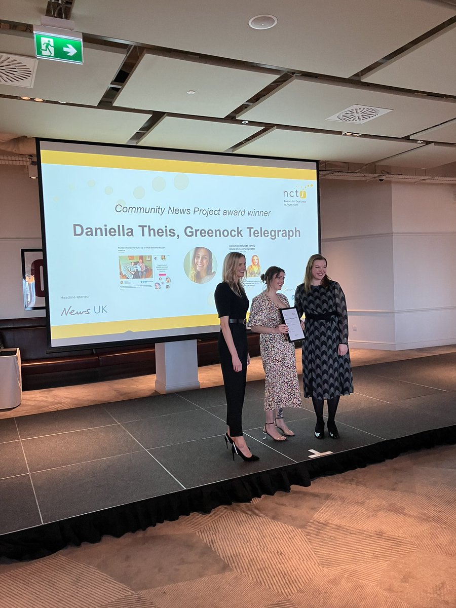 NCTJ_news's tweet image. The next award is sponsored by @Meta and recognises the outstanding work done by reporters hired under the Community News Project. The winner is @daniellatheis who was a community reporter for the @greenocktele and now is a freelance journalist #NCTJawards