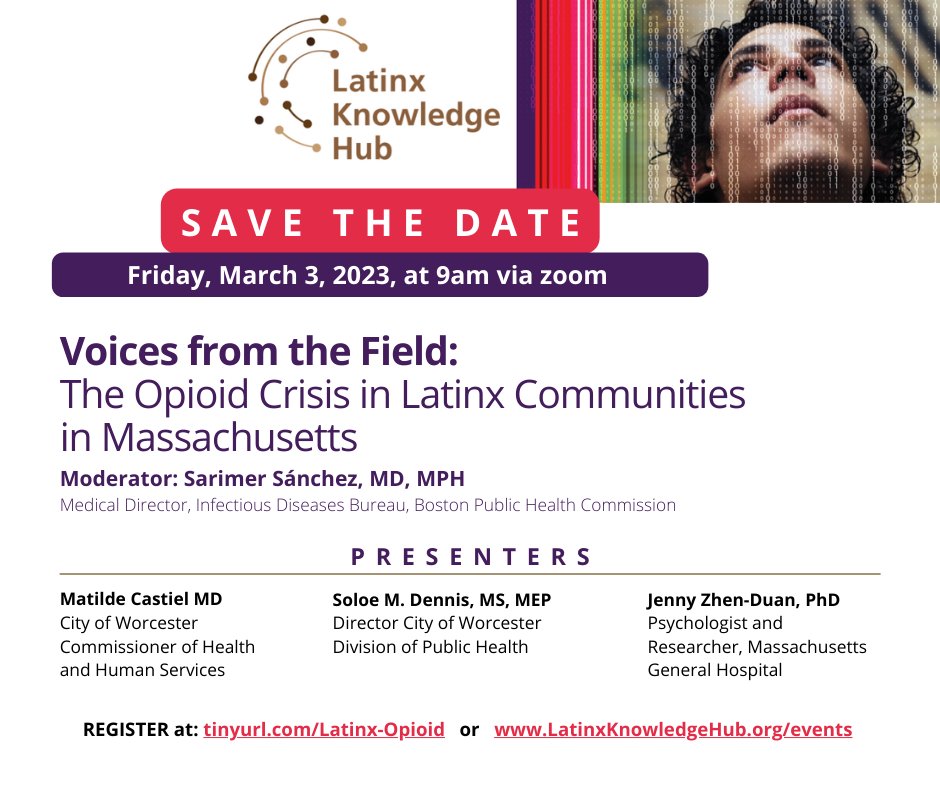 The panel, “Voices From the Field: The Opioid Crisis in Latinx Communities in Massachusetts” is tomorrow at 9 am! Don’t forget to register for the event to support our friends at the Latinx Knowledge Hub!
Register: umassboston.zoom.us/webinar/regist…
or at latinxknowledgehub.org/events