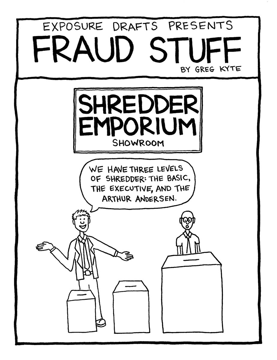 Arthur Andersen still has brand recognition. For great #fraud stories, check out my podcast @ohmyfraud — you can even get free A&A #CPE through the @EarmarkCPE app for listening! #ExposureDrafts #AccountingCartoon #accounting #cartoon #shredder #CPA #CPAlife