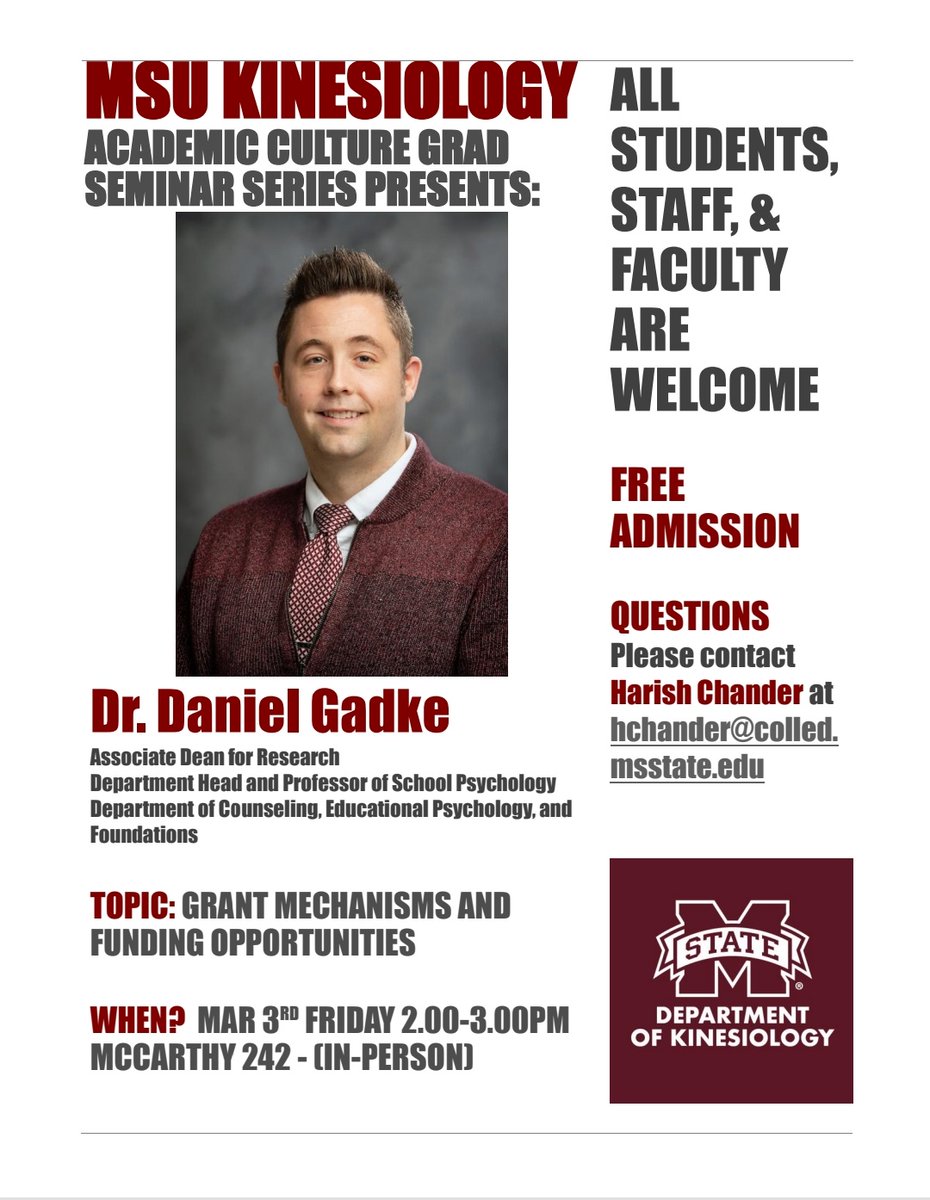 MSU Neuromech Lab (@msu_nmlab) on Twitter photo This Friday (3/3) at 2.00pm CST in McCarthy 242 (In-Person), we have our <a href="/CollegeofEd_MSU/">MSU College of Education</a> ADR & Dept.Head of CEPF, Dr. Dan Gadke talking to us on Grant Mechanisms and Funding Opportunities. FREE for all to attend. <a href="/msstatekine/">Mississippi State Kinesiology</a> <a href="/H_Chander/">Harish Chander</a> This Friday (3/3) at 2.00pm CST in McCarthy 242 (In-Person), we have our <a href="/CollegeofEd_MSU/">MSU College of Education</a> ADR & Dept.Head of CEPF, Dr. Dan Gadke talking to us on Grant Mechanisms and Funding Opportunities. FREE for all to attend. <a href="/msstatekine/">Mississippi State Kinesiology</a> <a href="/H_Chander/">Harish Chander</a>