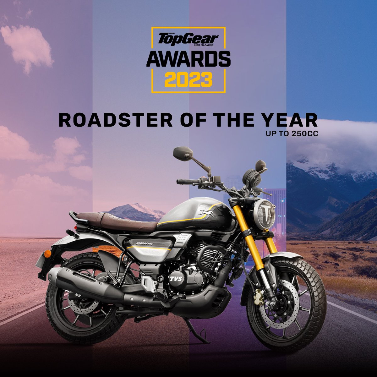 tvsmotorcompany's tweet image. The TVS Motor Company is delighted to announce yet another #Unscripted win in just one week! The TVS RONIN has won the Roadster of the year award again, this time by the prestigious Top Gear Award, 2023.
So it’s your time to ride the ever-stylish #TVSRONIN now!
#TVSMotorCompany