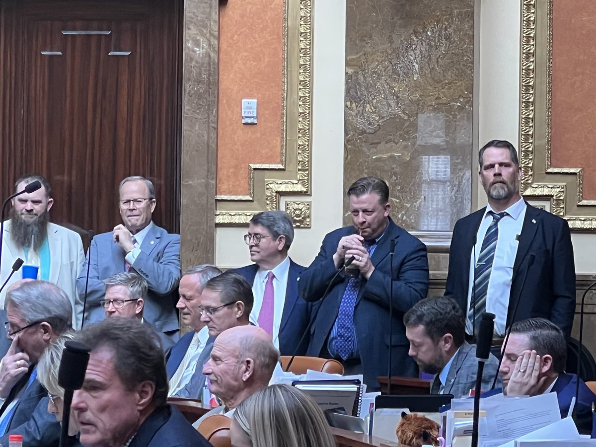 RepBriscoe's tweet photo. Look who came over from the Senate to listen to the state flag debate in the House. Plus Senators Harper, McKell, Fillmore, Kennedy, and Riebe. #utleg #utpol #Utah #stateflags #tshirts https://t.co/1MH2Y3mhzF