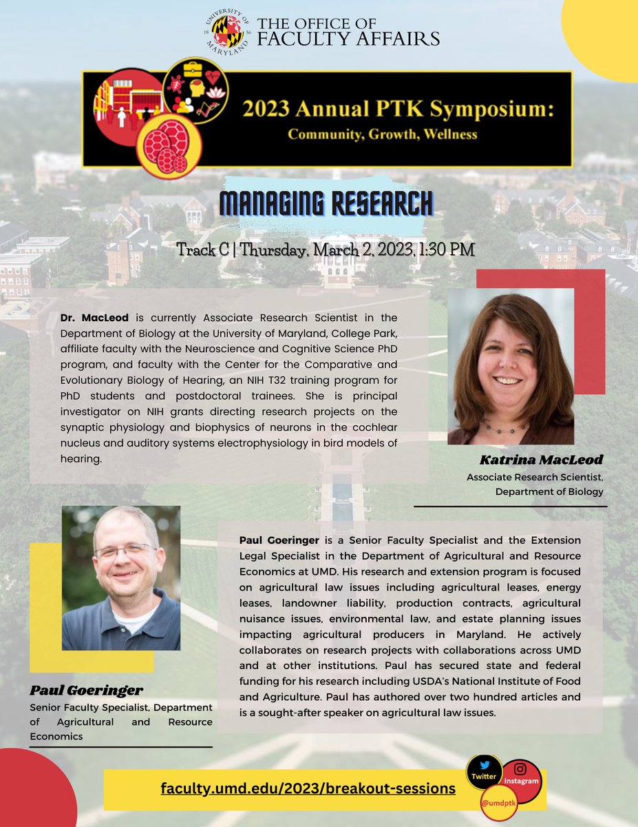 UMDPTK's tweet photo. How do PTK faculty that focus on research manage their labs and projects? Join us at 1:30pm to hear from @UMDBiology Katrina MacLeod and AREC’s Paul Goeringer!
More info at https://t.co/0S5qa4RYfP https://t.co/cGc7rDJGEQ