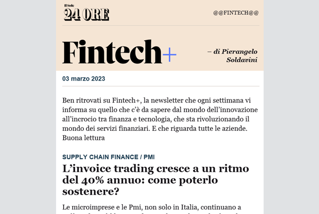 piersolda's tweet image. La leva dell&apos;#invoicetrading per Pmi, il boom dei pagamenti #cashless, il #digitallending in Uk oltre il tradizionale, la sostenibilità della finanza, l&apos;#insurtech da climate change. In uscita il nuovo numero di #Fintech+, la newsletter de @sole24ore  Sole 24 Ore sul #fintech