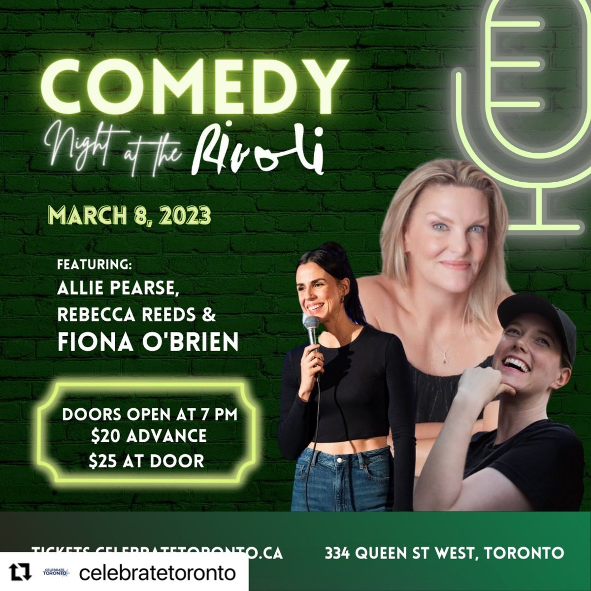 Hello I’ll be here on March 8th with these fabulous people @RivoliToronto come and say hello #livecomedy #Irish #IrishHeritageMonth 🇮🇪❤️🇨🇦🇮🇪☘️