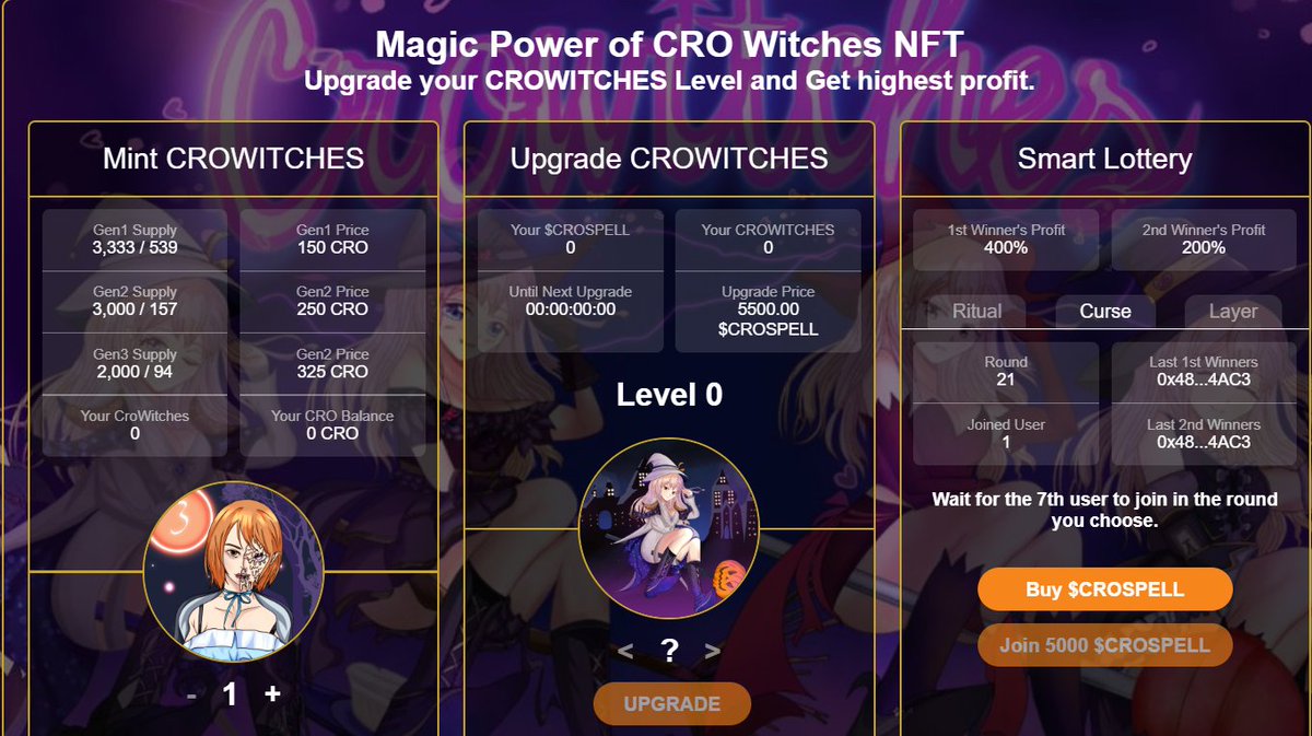 🚨Have you heard about #Crowitches? This project has it all: a native token called #Crospell, NFT staking, a smart lottery, &amp; a P2E game called #CrowitchesFlight. Plus, it has the most utilities on #Cronos! Don't miss out on this exciting opportunity. #Crypto #Blockchain 🚨