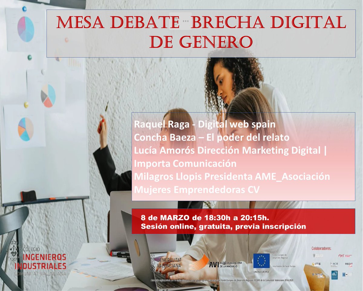 EVAPasociacion's tweet photo. #Agenda8M
Mesa de debate " Brecha digital de género"
🗓️Miércoles, 8 de marzo 
⌚️De 18:30 a 20:15 horas
💻Sesión online. 
Participan nuestras asociadas @conchabaeza, Raquel Raga y Lucía Amorós. 
Organiza: @IndustrialesCV 
✍️Inscripciones: https://t.co/ncAqN2S6Wn https://t.co/vdQl4C9ORy