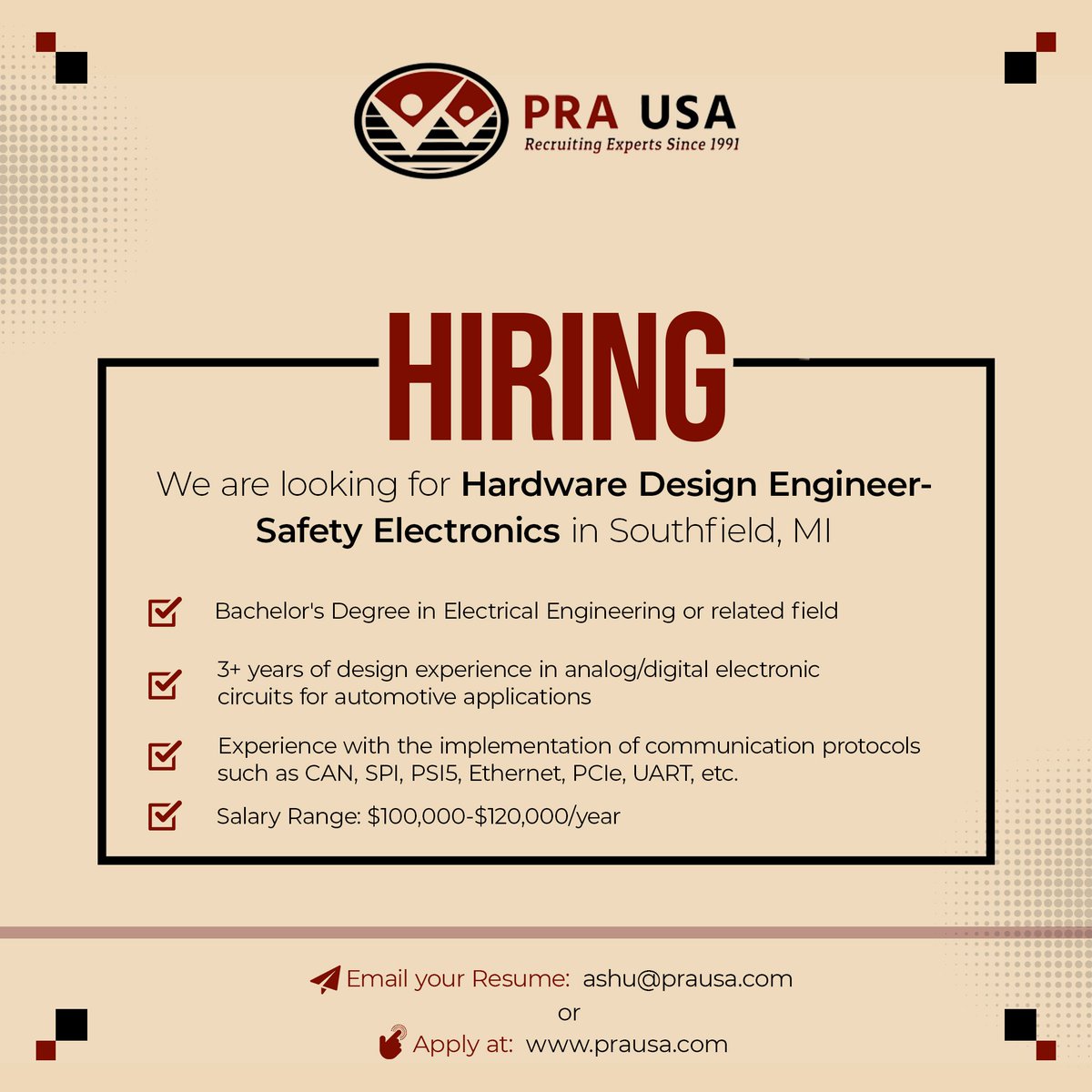 We are #hiring for 𝗛𝗮𝗿𝗱𝘄𝗮𝗿𝗲 𝗗𝗲𝘀𝗶𝗴𝗻 𝗘𝗻𝗴𝗶𝗻𝗲𝗲𝗿 - 𝗦𝗮𝗳𝗲𝘁𝘆 𝗘𝗹𝗲𝗰𝘁𝗿𝗼𝗻𝗶𝗰𝘀 in Southfield, MI. Apply here: bit.ly/3xurML6

#hardwareengineer
#designengineer
#hardwarejobs
#safetyjobs
#electronicsjobs
#engineeringcareers
#michiganjobs
#prausa