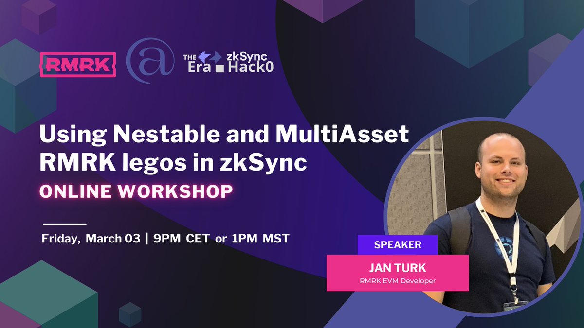 RmrkApp's tweet photo. The @rmrkapp x @zksync hackathon has started!
We want to officially invite you to participate in our online workshop.
Our #EVM Dev team has been working hard on getting this ready for you to experiment! π»β‘οΈ https://t.co/oT6AM3LFFa