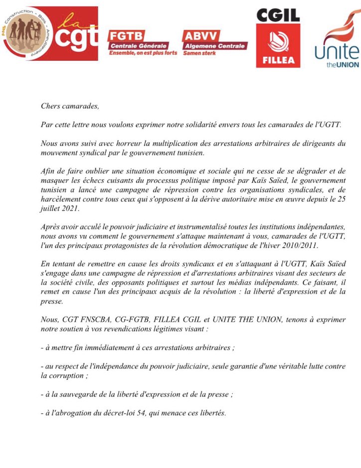 UniteInt's tweet photo. .@unitetheunion joined @filleacgil @cgtconstruction @FGTB_CG &amp; @ABVV_AC in expressing solidarity with @UGTT_TN following the extreme campaign against Tunisian trade unions &amp; arbitrary arrests targeting civil society, political opponents &amp; ind media by the #Tunisian government. https://t.co/4pPUowRfdY