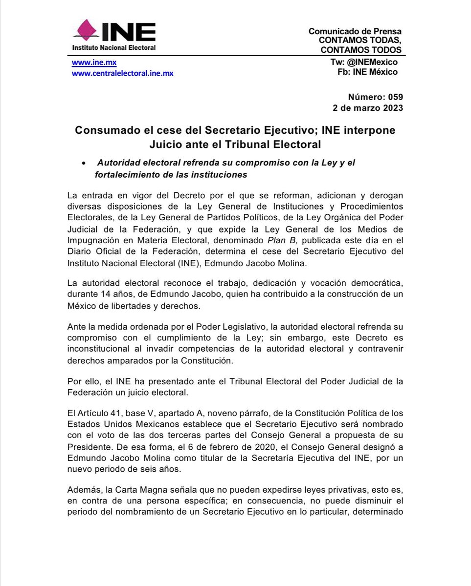lorenzocordovav's tweet photo. La entrada en vigor del inconstitucional Plan B, cesó de inmediato a Edmundo Jacobo de la Secretaria Ejecutiva del @INEMexico. El INE ya inició un juicio electoral ante el Tribunal @TEPJF_informa por violaciones a la autonomía de la institución. https://t.co/nrRb7DsUqD