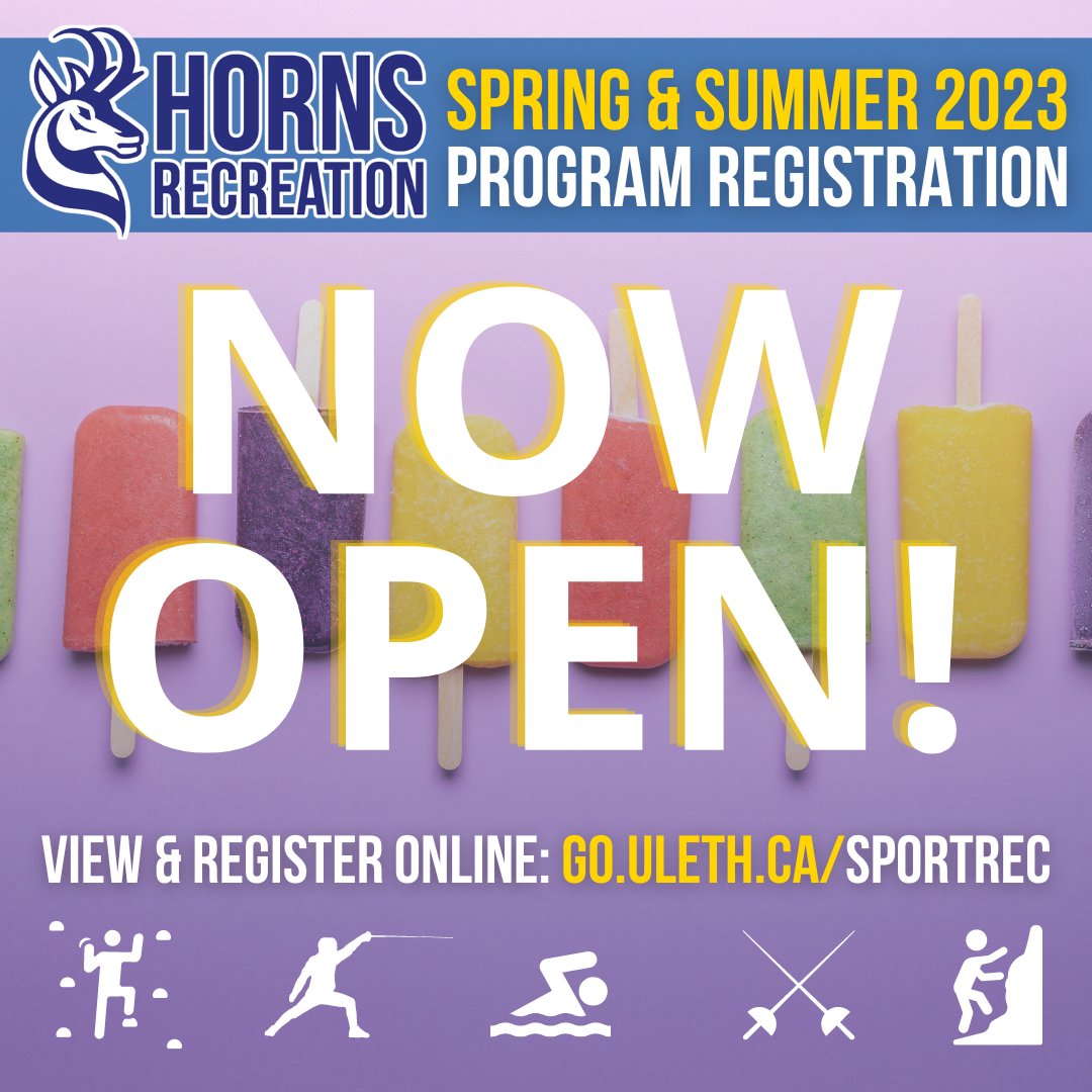 Spring &amp; Summer 2023 Program Registration is NOW OPEN! View and register online at: go.uleth.ca/sportrec
#hornsrec #uleth #ulethbridge #yql