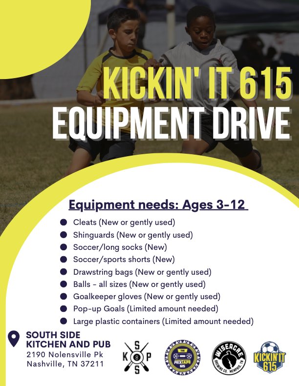 mixtape615's tweet photo. We proudly announce that we’re kicking off our equipment drive benefiting @Kickinit615 on Saturday! You can donate new or gently used YOUTH soccer equipment at any MixTape 615 watch party this season.

Thanks to our partners @wiseacrebrew &amp; South Side Kitchen &amp; Pub! #EveryoneN https://t.co/M2QHpJrtUg